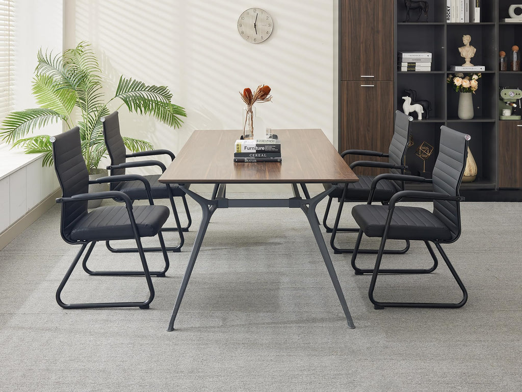 Office Chairs Set of 4, Modern Leather Reception Chairs with Mid Back & Sled Base, No-Wheel Desk Chairs for Waiting Room & Conference Room