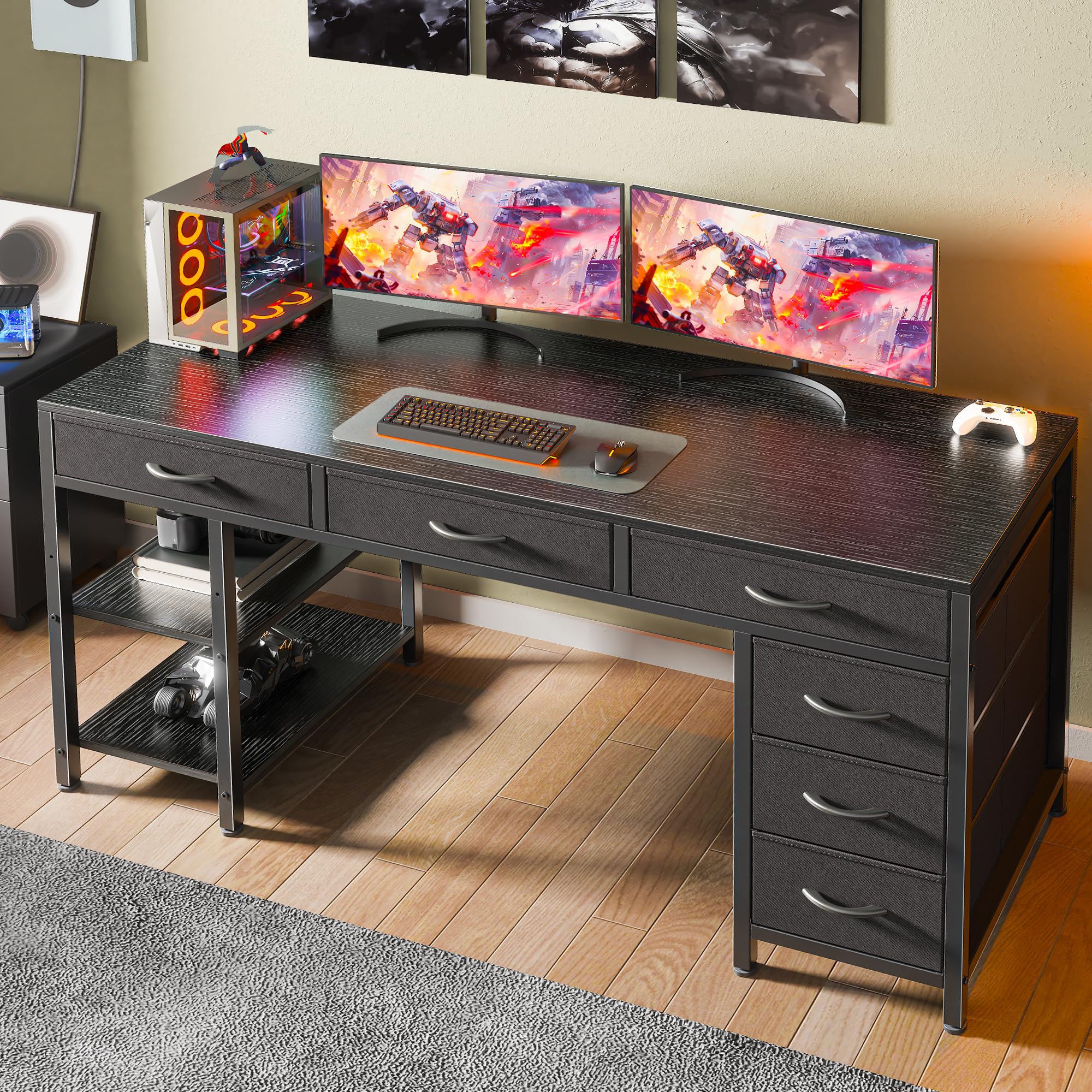 Computer Desk with 6 Drawers, Office Desk with Shelves, Reversible Gaming Desk, Corner Desk with Storage, Work for Home Office, Study, Living Room, 54inch, Black