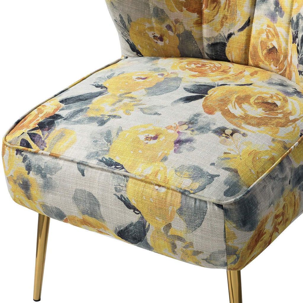 Accent Chair Set of 2 with Golden Legs, Comfy Floral Fabric Living Room Chair, Wingback Small Armless Side Chair, Upholstered Slipper Chair for Bedroom, Reading Room (Flower Print, YELLOW)