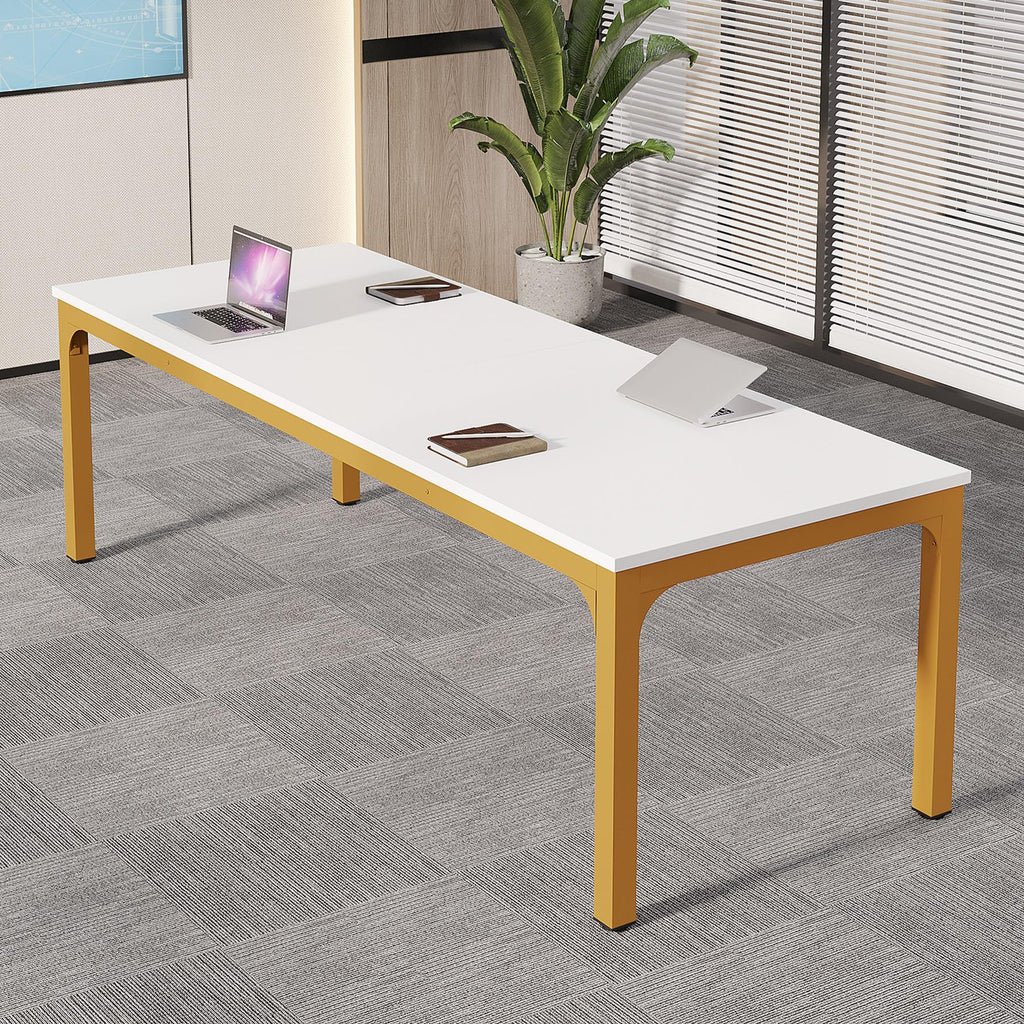 6.5 FT Conference Room Table, 78.74" W x 27.56" D Large Office Conference Table, Modern Seminar Meeting Table Desk for Boardroom, Meeting Room (2, White and Gold)