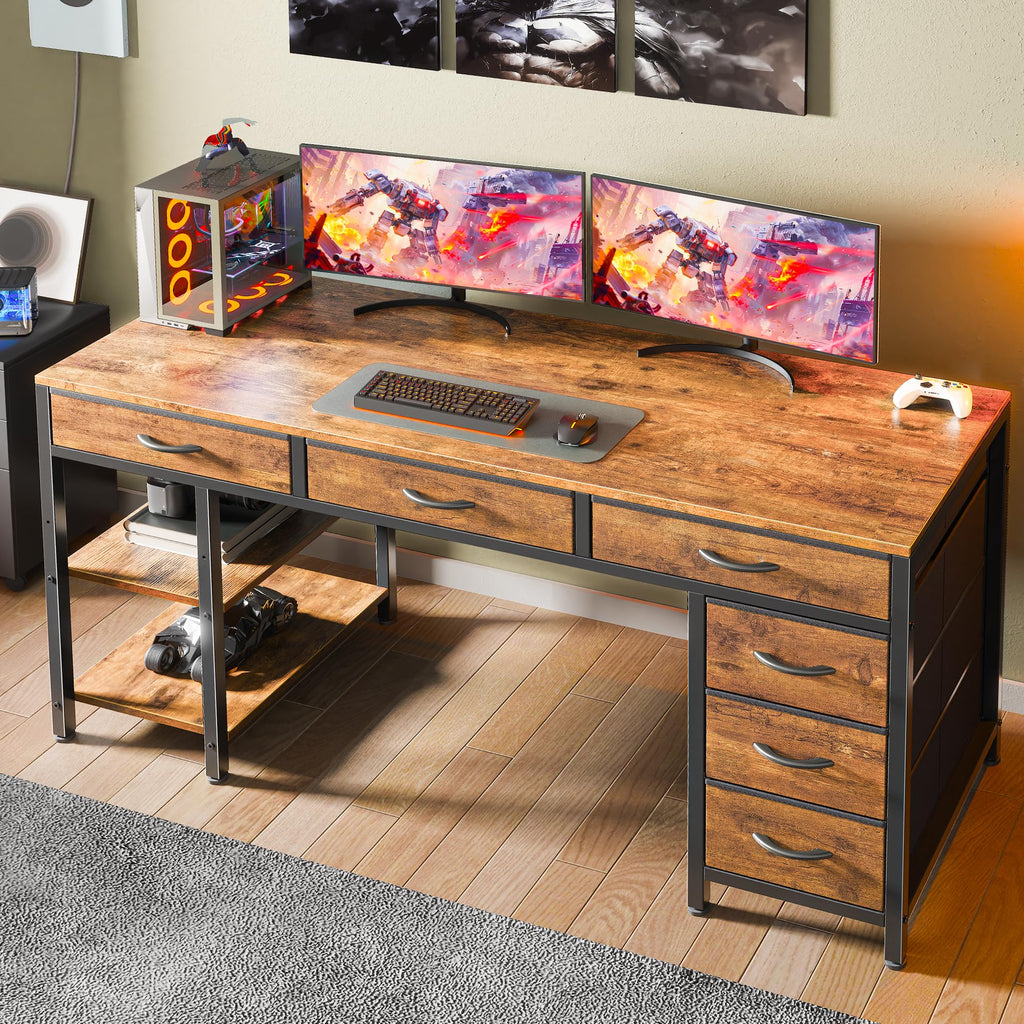 Computer Desk with 6 Drawers, Office Desk with Shelves, Reversible Gaming Desk, Corner Desk with Storage, Work for Home Office, Study, Living Room, 54inch, Rustic Brown