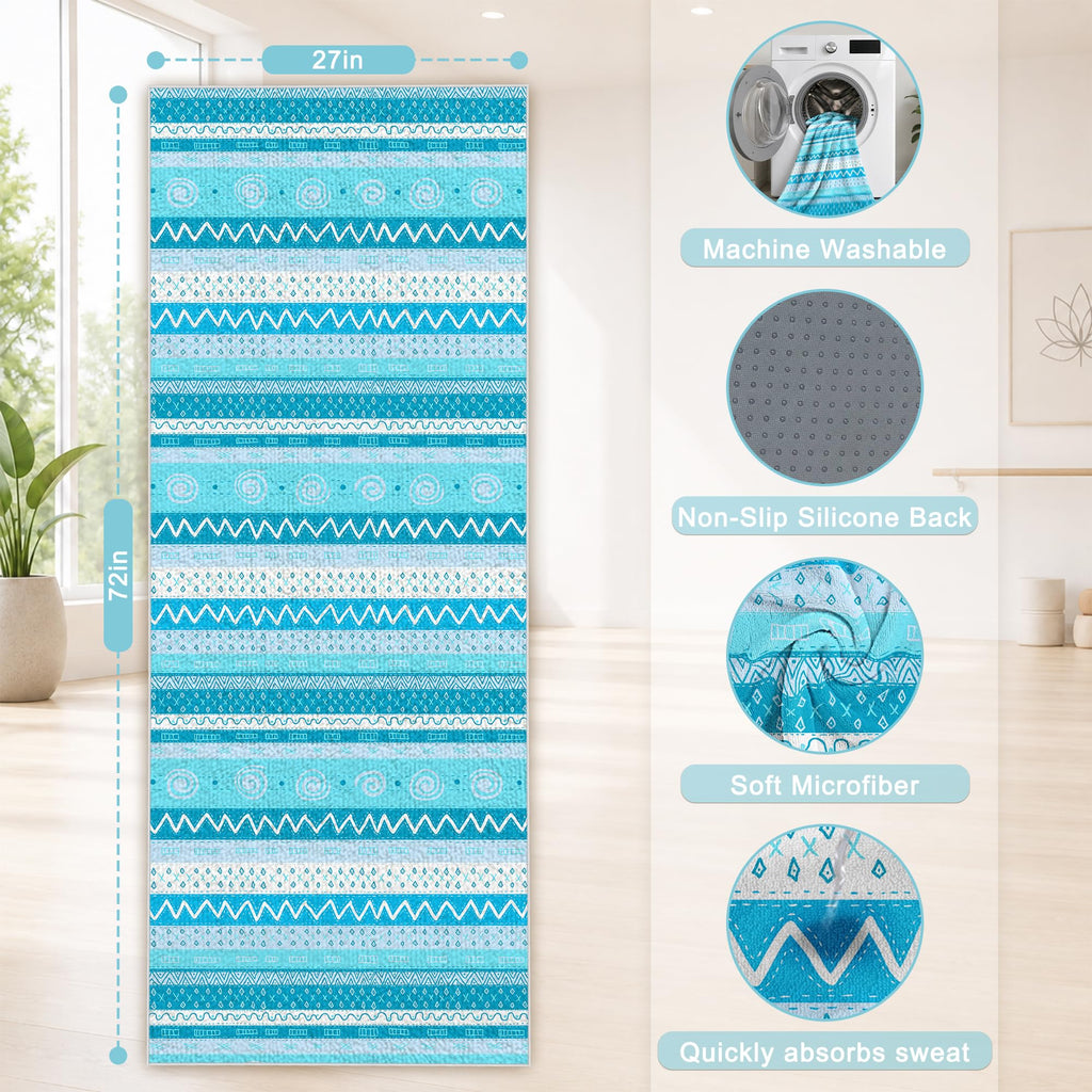 Yoga Towel,Absorbent Yoga Mat Towel for Hot Yoga Non Slip,Stylish Prints,Ideal for Workouts,Hot Yoga,Bikram,Pilates Equipment,72 x 27 in,Light Blue Triangle Geometry