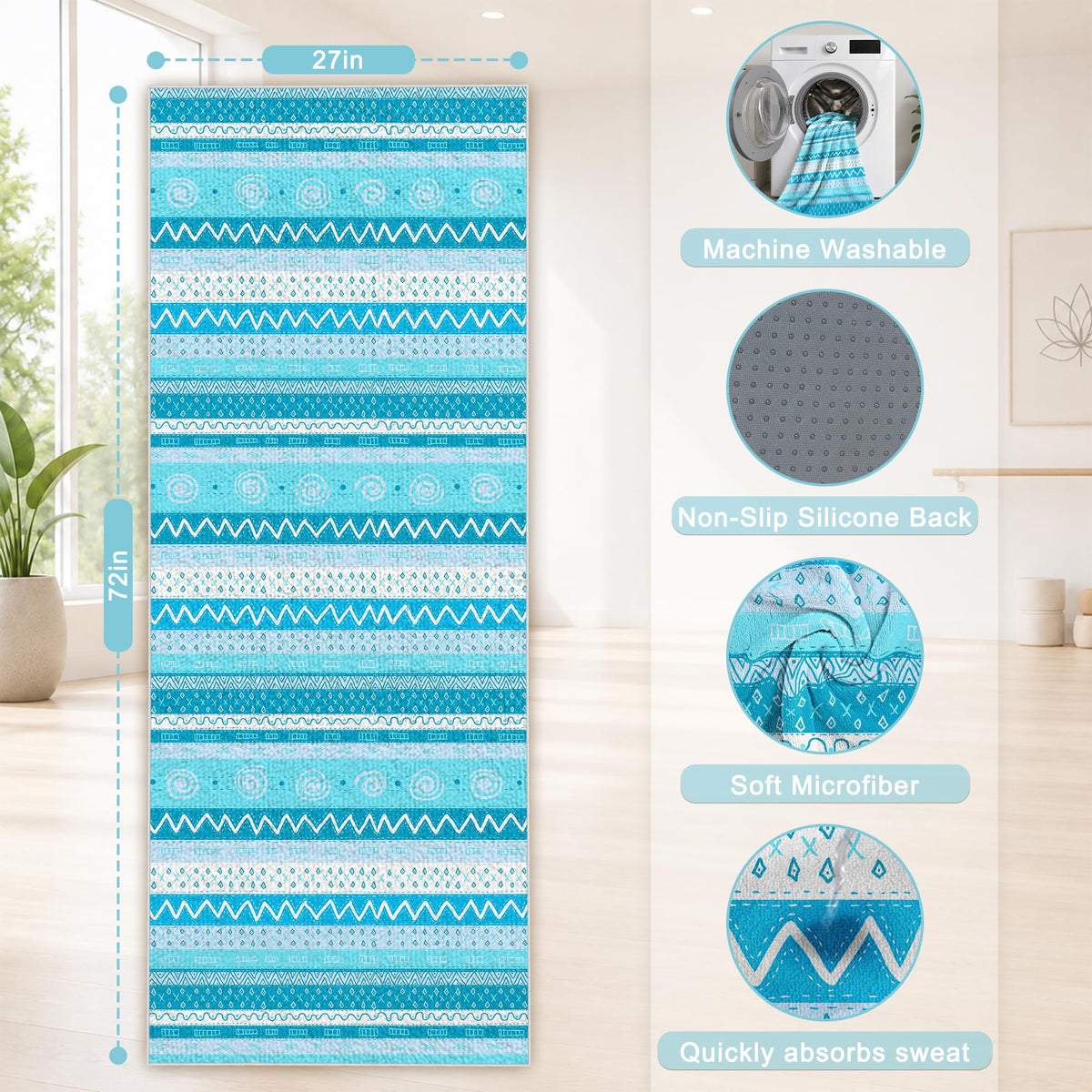 Yoga Towel,Absorbent Yoga Mat Towel for Hot Yoga Non Slip,Stylish Prints,Ideal for Workouts,Hot Yoga,Bikram,Pilates Equipment,72 x 27 in,Light Blue Triangle Geometry