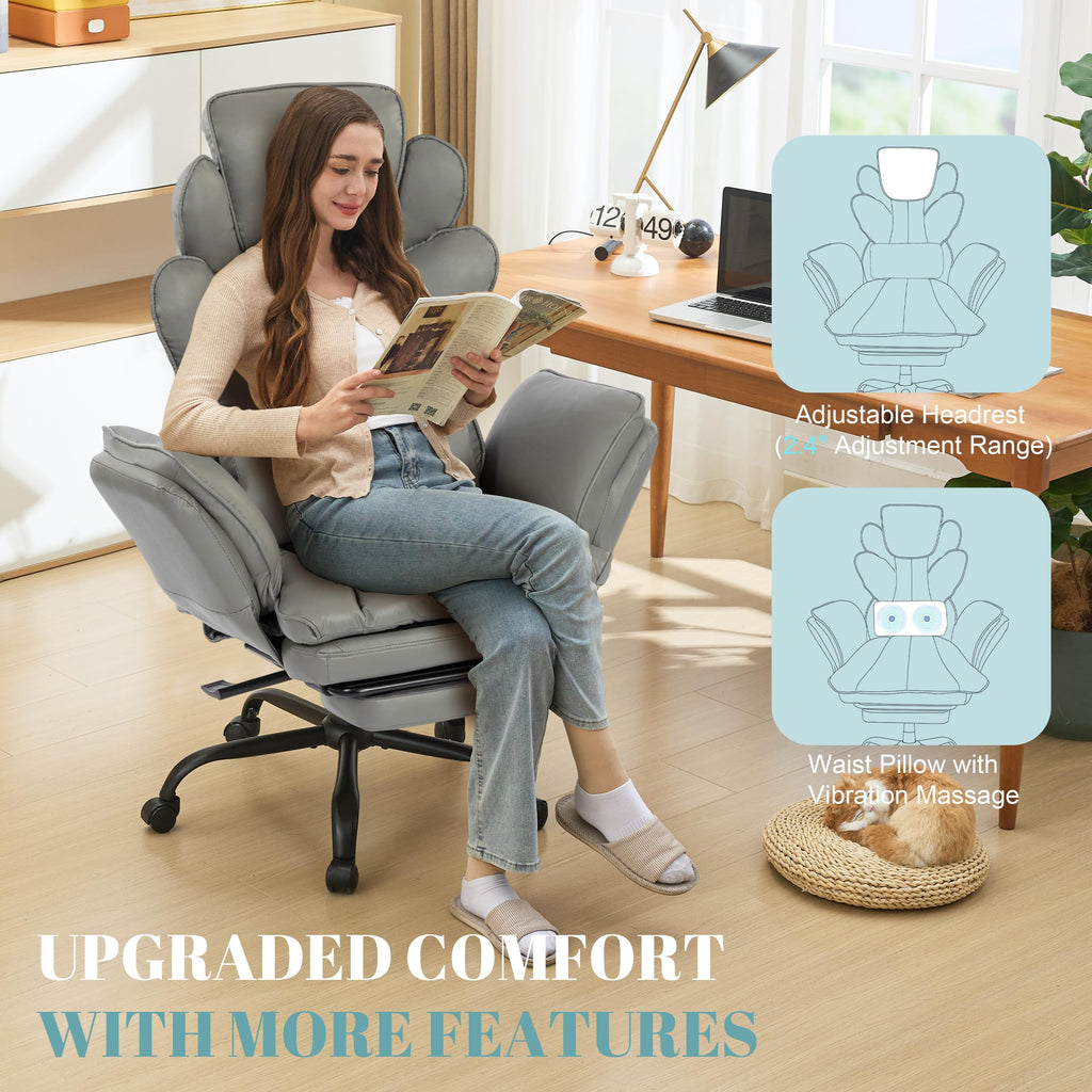 Flip Armrests Criss Cross Office Chair, Reclining Office Chair with Foot Rest, Adjustable Headrest, Massage Waist Pillow, Cross Legged Big and Tall Desk Chair Wide Seat Vanity Chair, PU Leather Grey