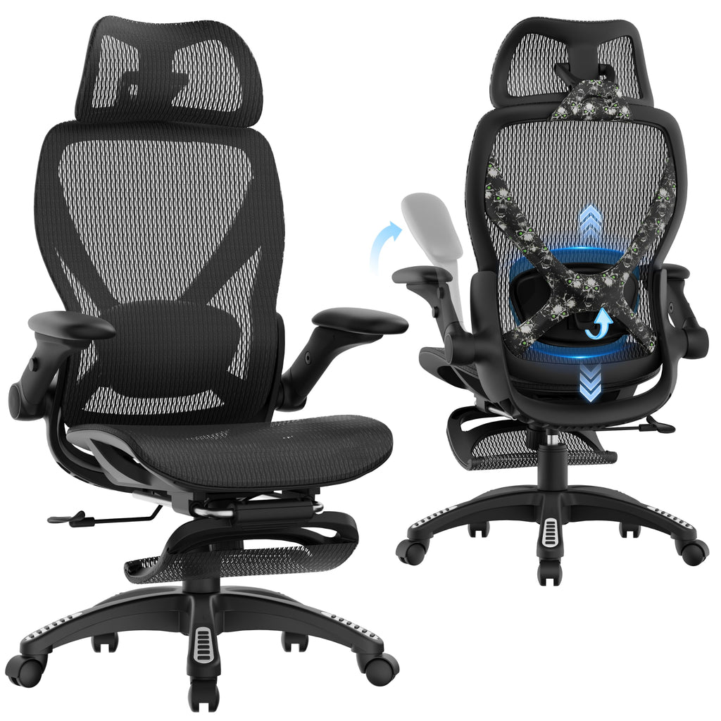 X100 Ergonomic Mesh Office Chair with Footrest, Big and Tall Home Desk Chair with 5D Flip-Up Arms, Adjustable 3D Lumbar Support, Gaming & Executive Computer Chair, Night Reaper