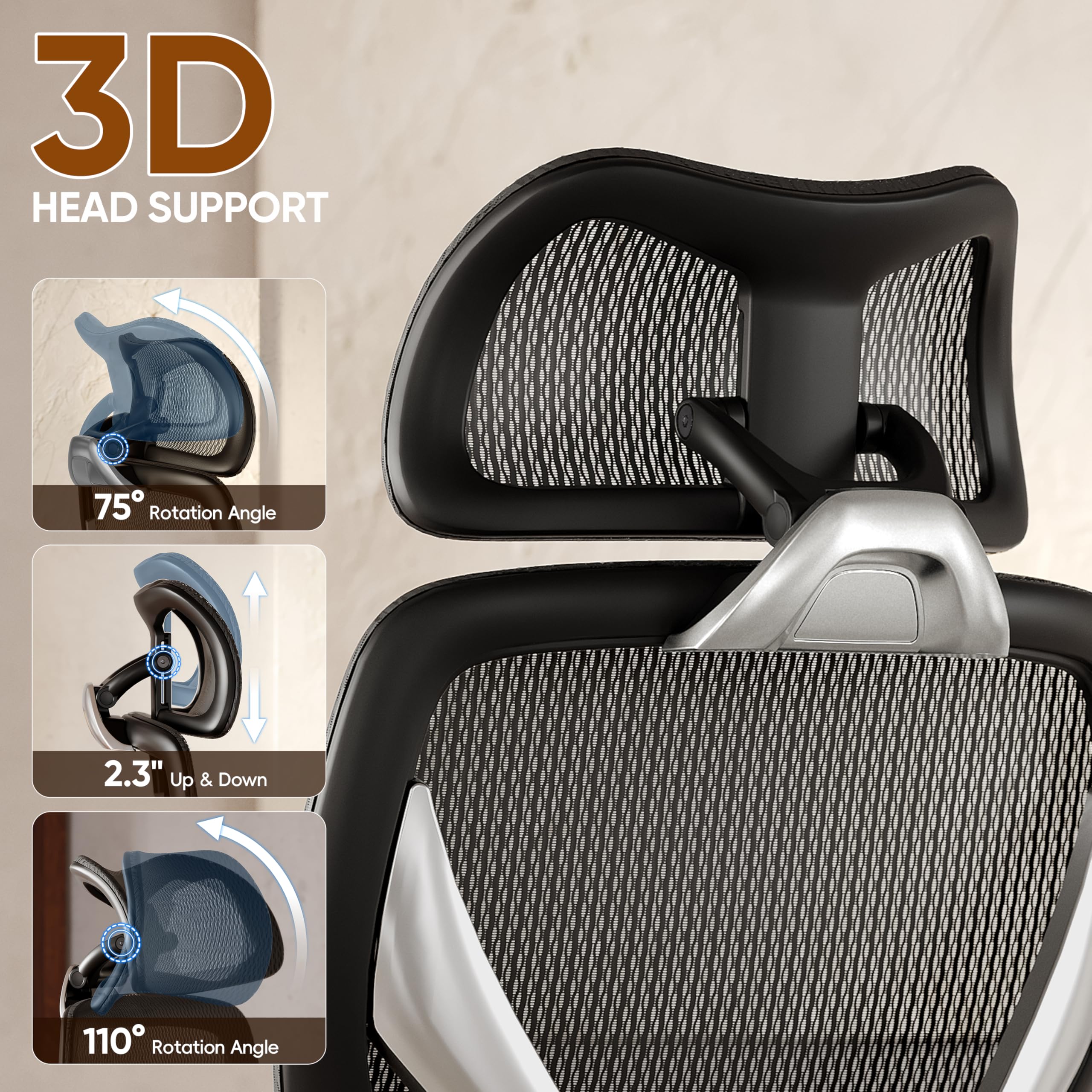 Ergonomic Office Chair, Big and Tall Mesh Chair with Adjustable Lumbar Support, 5D Arms & Wide Seat, 135° Recline Home Desk Computer Chairs for Work Gaming, Heavy Duty,400LBS - Black