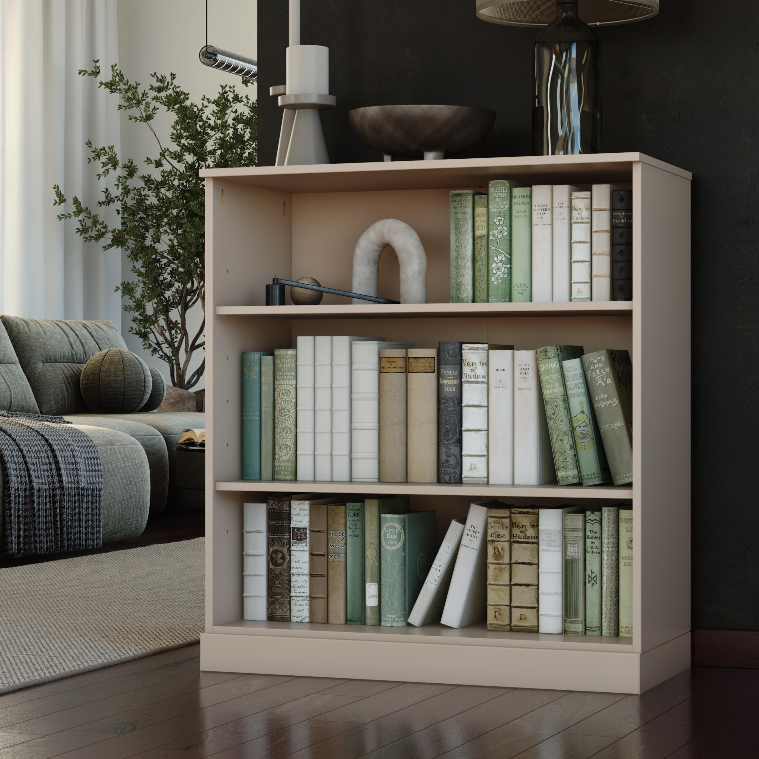 Solid Wood Bookcase - 3 Tier Floor Standing Bookshelf - 36" Short Storage Shelf, 32” Wide - Beige, Display Furniture for Living Space, Renewable 100% Eco-Friendly Wood, Made in Brazil