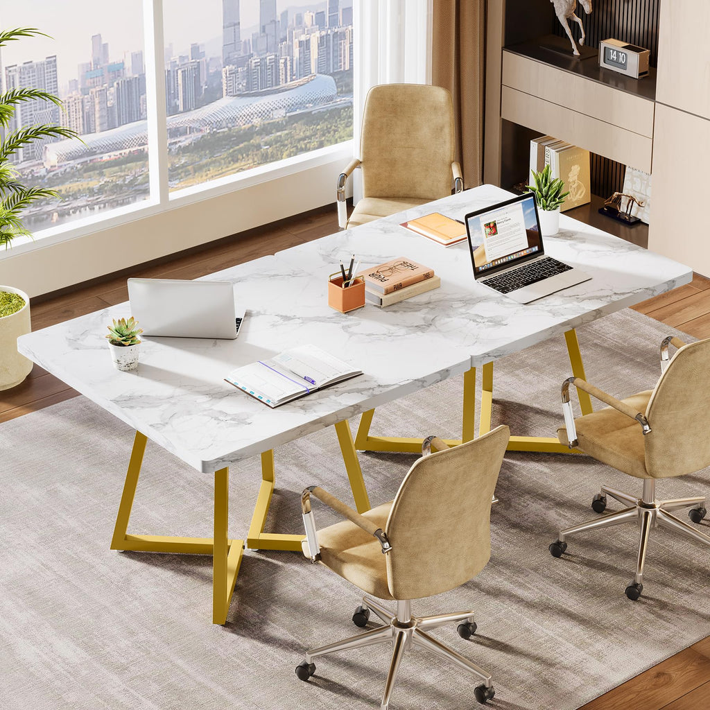 31.5" Square Conference Table Set of 2, 63" Industrial Office Meeting Table for 4-6 People, Business Podcast Furniture with Metal Base for Small Spaces, Office Conference, White & Gold