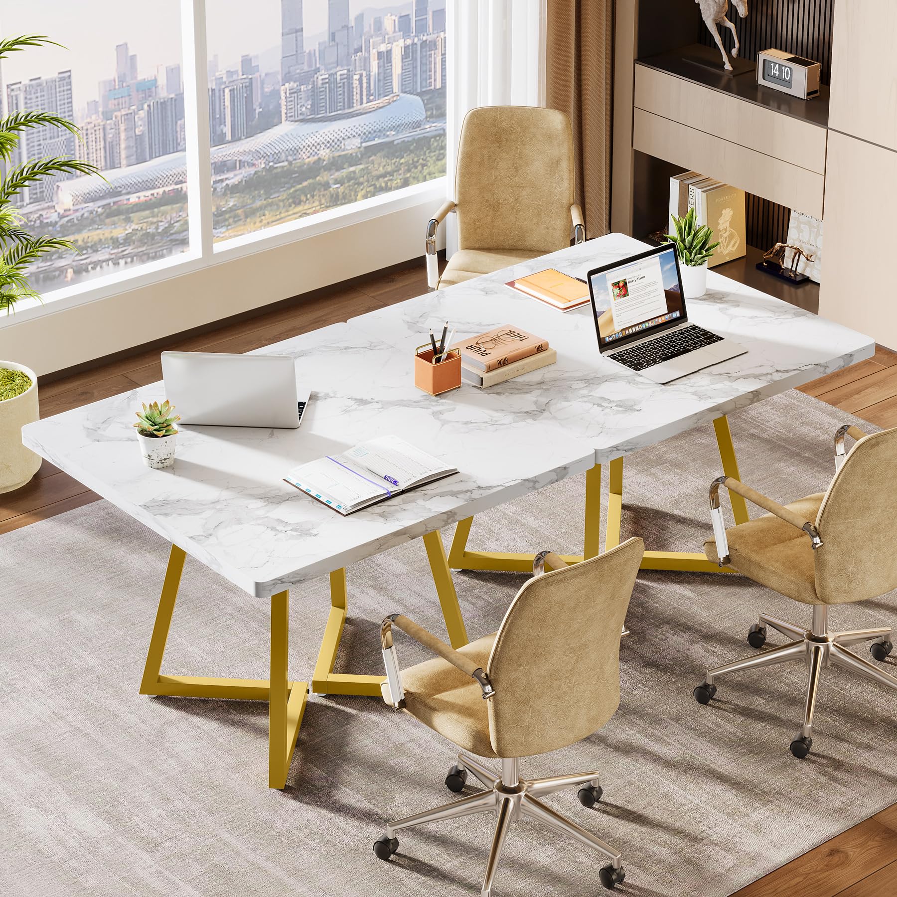 31.5" Square Conference Table Set of 2, 63" Industrial Office Meeting Table for 4-6 People, Business Podcast Furniture with Metal Base for Small Spaces, Office Conference, White & Gold