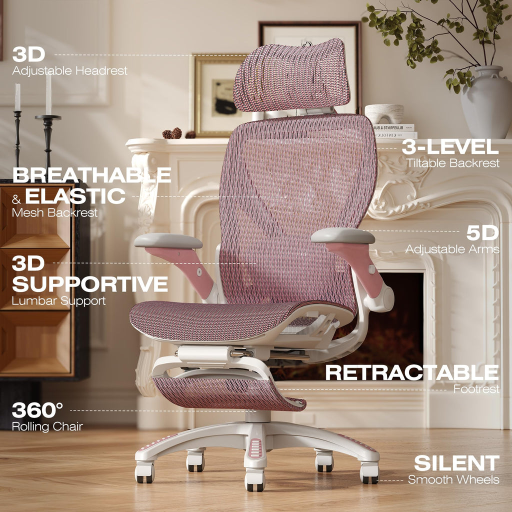 X100 Ergonomic Mesh Office Chair with Footrest, Big and Tall Hone Desk Chair with 5D Flip-Up Arms, Adjustable 3D Lumbar Support,Gaming & Executive Computer Chairs