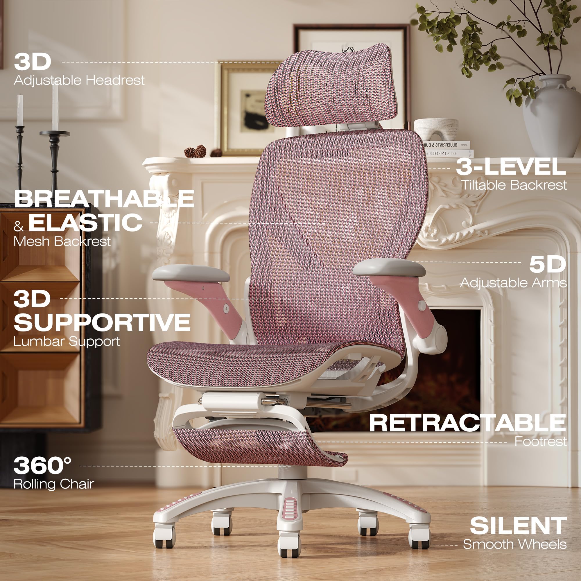 X100 Ergonomic Mesh Office Chair with Footrest, Big and Tall Hone Desk Chair with 5D Flip-Up Arms, Adjustable 3D Lumbar Support,Gaming & Executive Computer Chairs