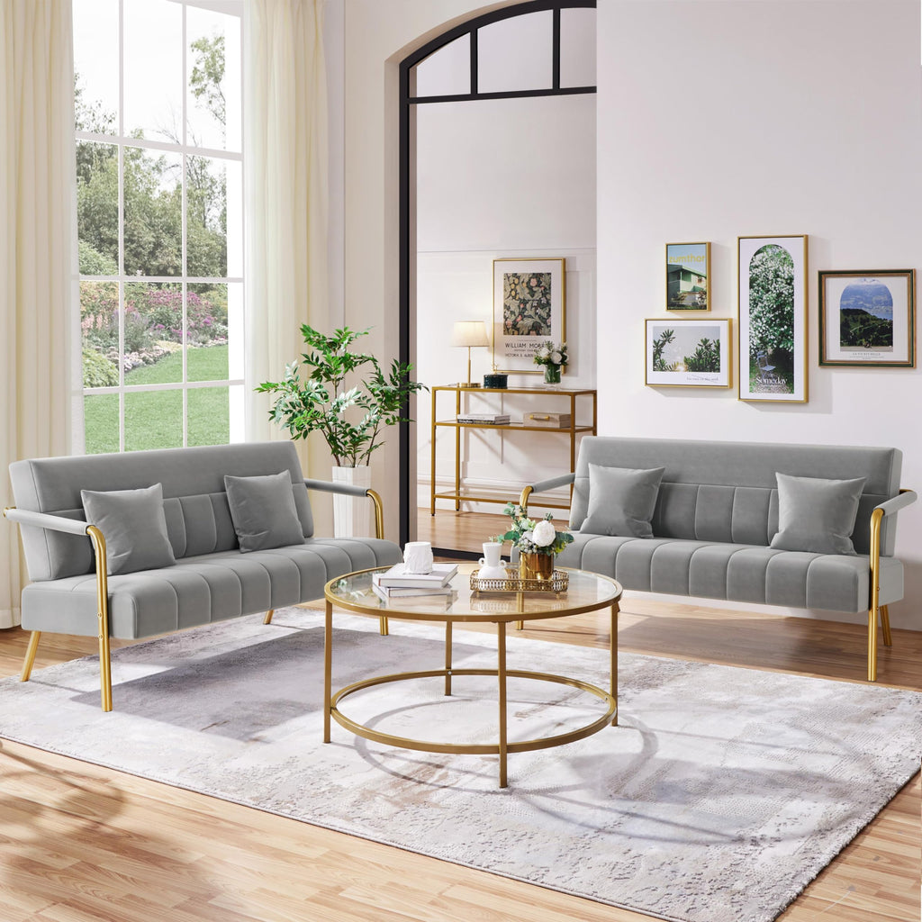 56.5" W Modern Sofa Small Sofa Luxurious Velvet Fabric Couch with Gold-Tone Metal Arms and Legs for Living Room, Office, Studio Light Gray