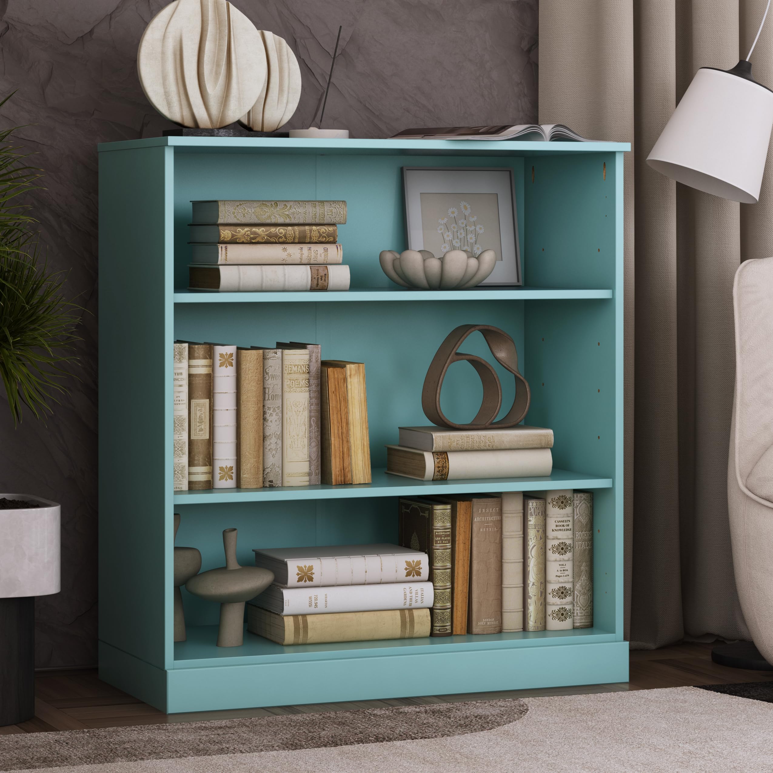 Solid Wood Bookcase - 3 Tier Floor Standing Bookshelf - 36" Short Storage Shelf, 32” Wide - Aqua, Display Furniture for Living Space, Renewable 100% Eco-Friendly Wood, Made in Brazil