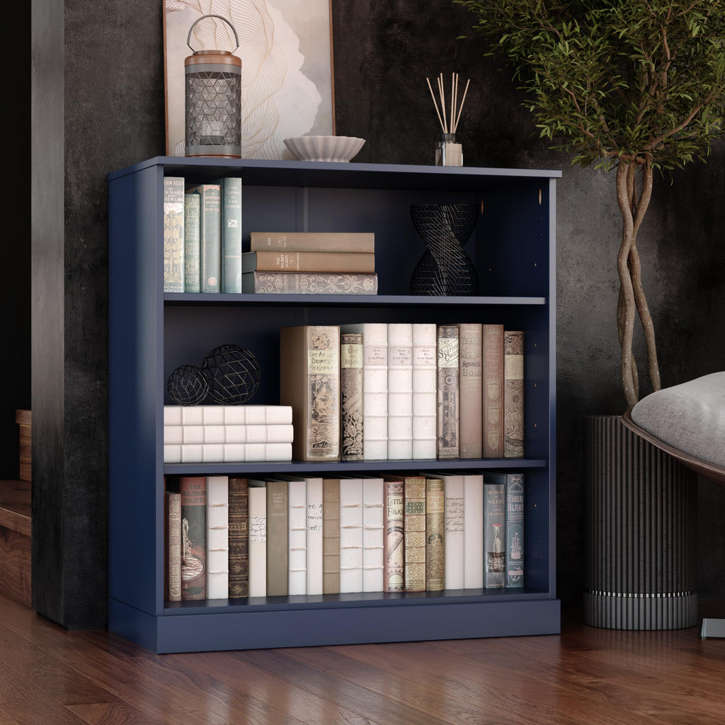 Solid Wood Bookcase - 3-Tier Floor Standing Bookshelf - 36" Short Storage Shelf, 32” W - Navy Blue, Display Furniture for Room, Renewable 100% Eco-Friendly Wood, Made in Brazil