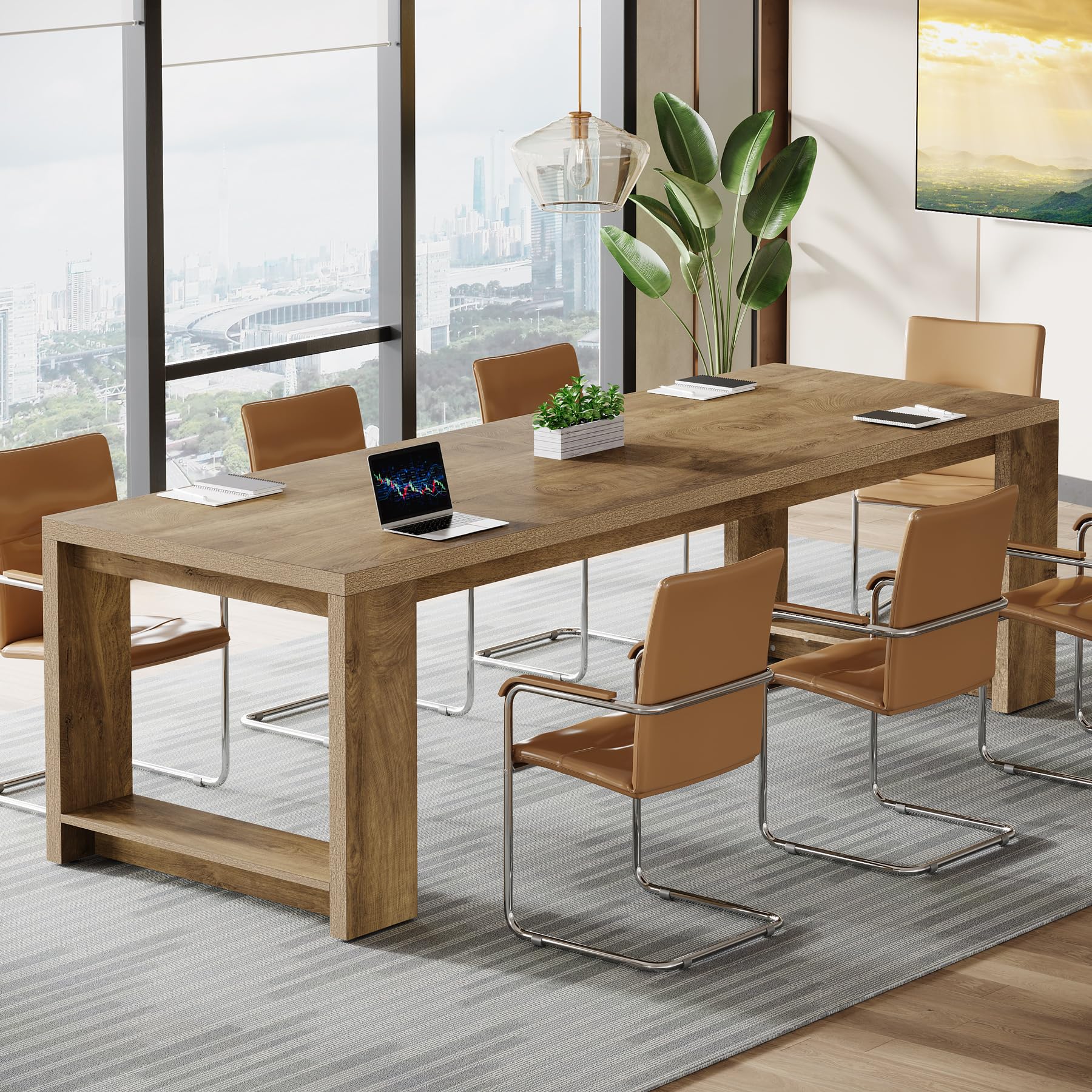 7 ft Conference Table for 6 to 8 People, Modern Rectangle Meeting Room Desk for Boardroom, Home Office (2, Oak)
