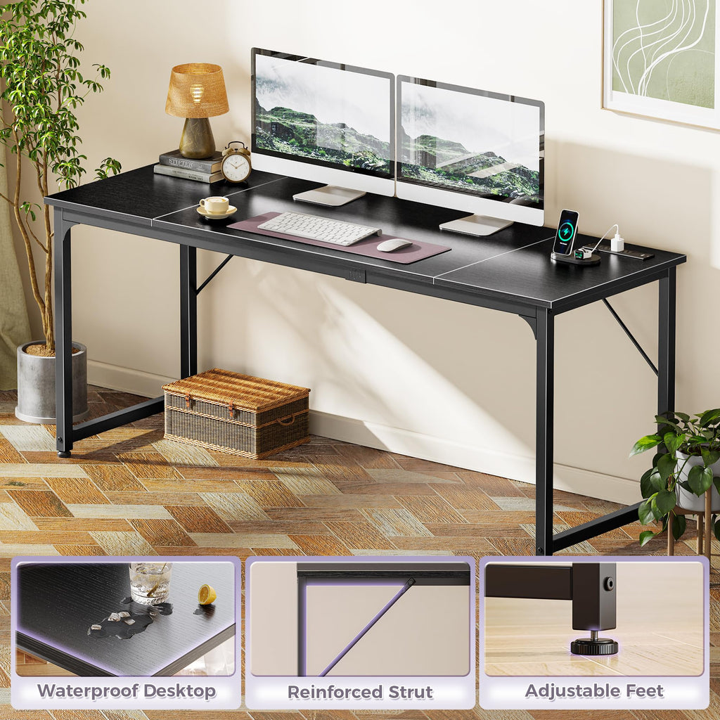 70 X 24 Inch Office Computer Desk with Power Outlets and USB-C Port, Larger and Longer Gaming Desk, for Home Office, Study, Writing Work from Home Table, Metal Frame, Black