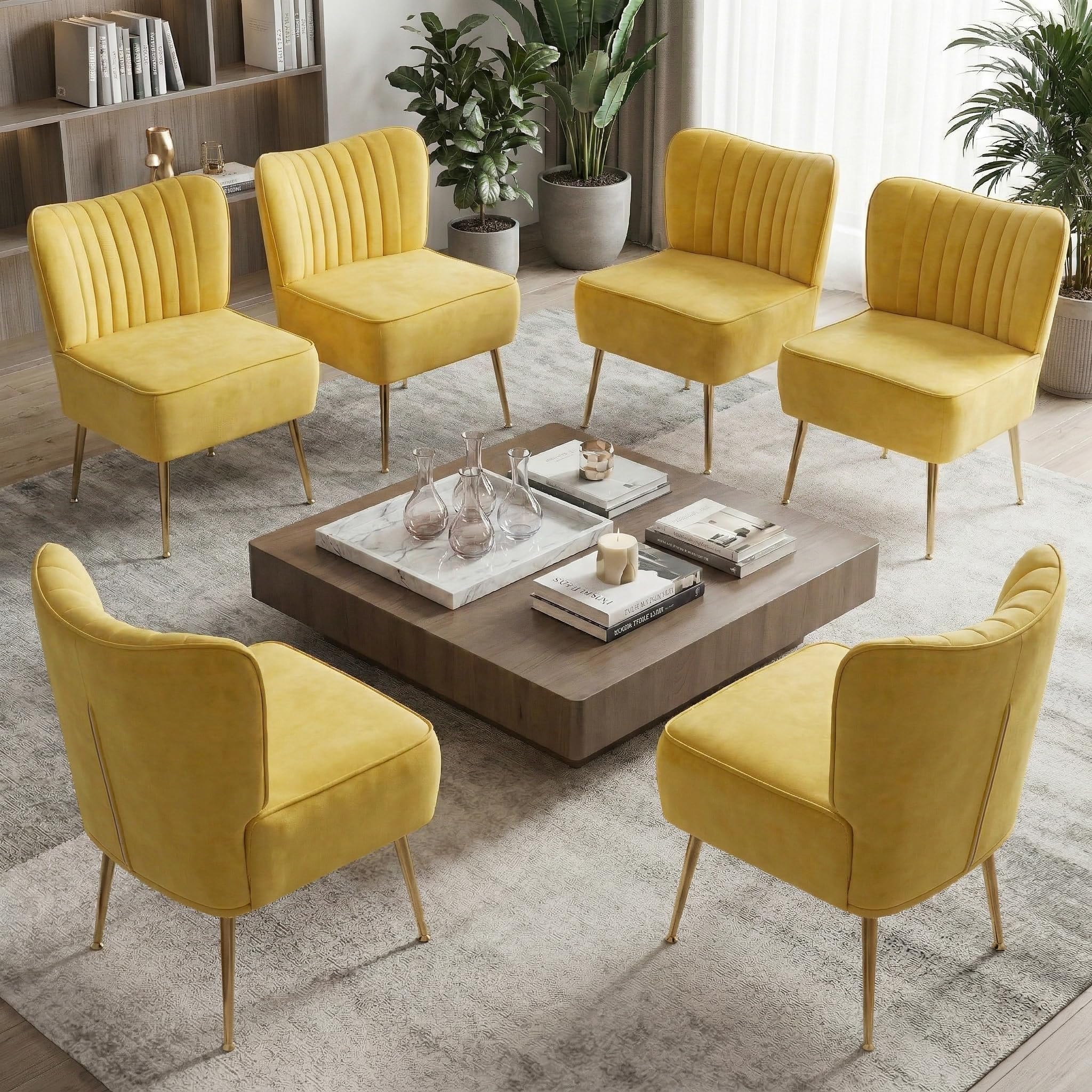 Modern Velvet Accent Chairs Set of 6, Comfy Slipper Chair with Heavy Duty Iron Frame & Gold Legs, Mid Century Side Sofa Chair for Living Room Bedroom Vanity(Yellow)