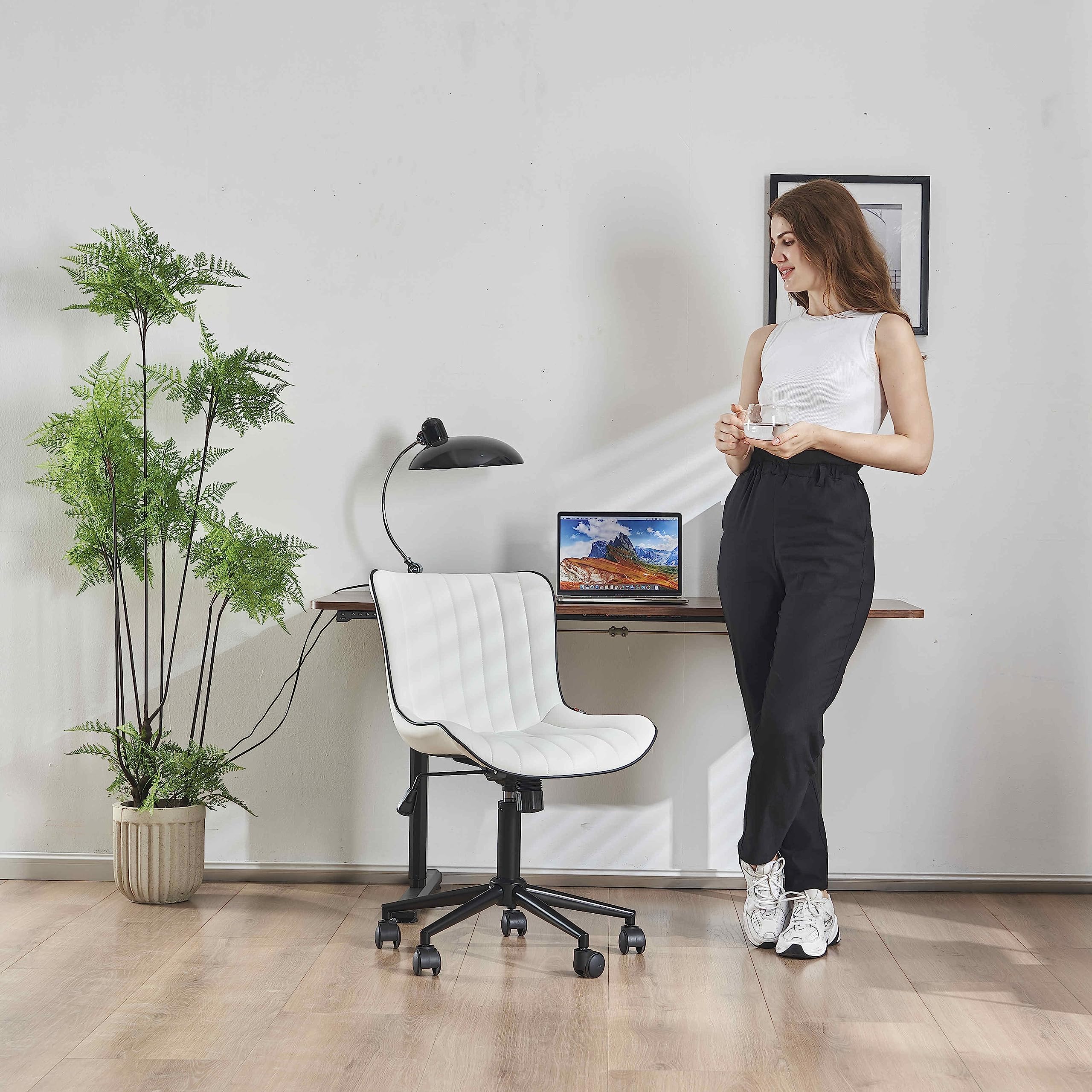 White Armless Office Chair Faux Leather Small Cute Desk Chair with 12° Rocking Back Adjustable Height Swivel Vanity Chair Ergonomic Compact Home Computer Rolling Task Chair for Small Spaces