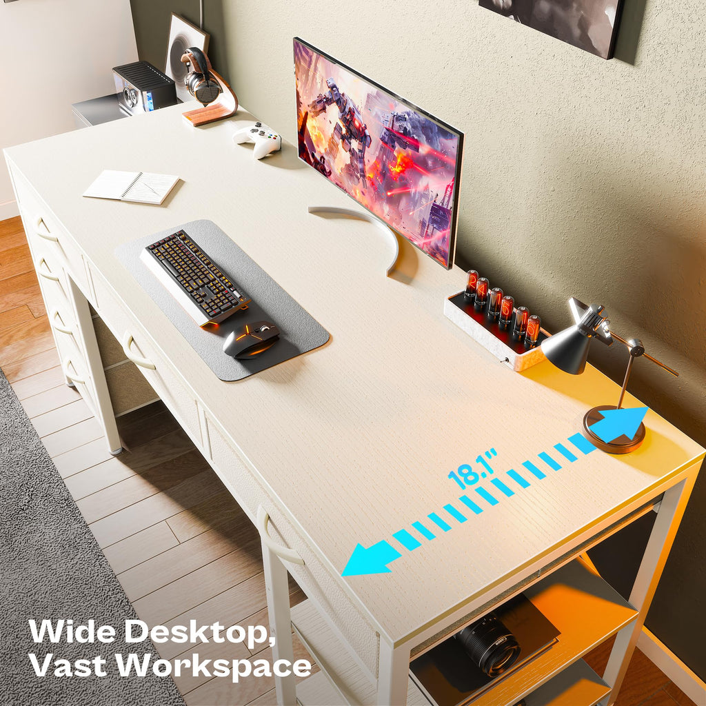 Computer Desk with 6 Drawers, Office Desk with Shelves, Reversible Gaming Desk, Corner Desk with Storage, Work for Home Office, Study, Living Room, 54inch, White