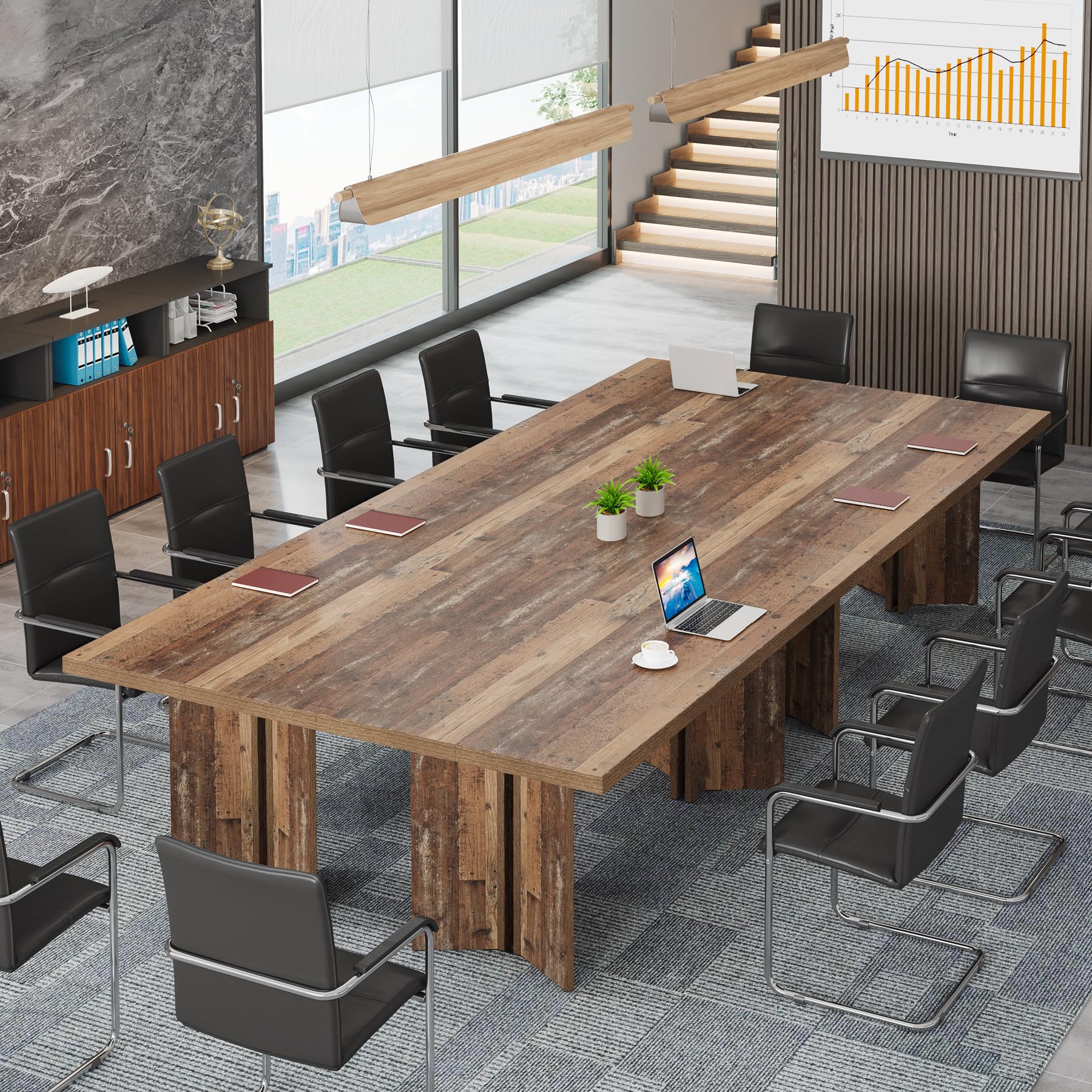 5.5FT Conference Table, 63-inch Rectangle Meeting Seminar Table, Large Distressed Brown Business Tables for 4-6 People, Heavy Duty Pedestal (Distressed Brown)