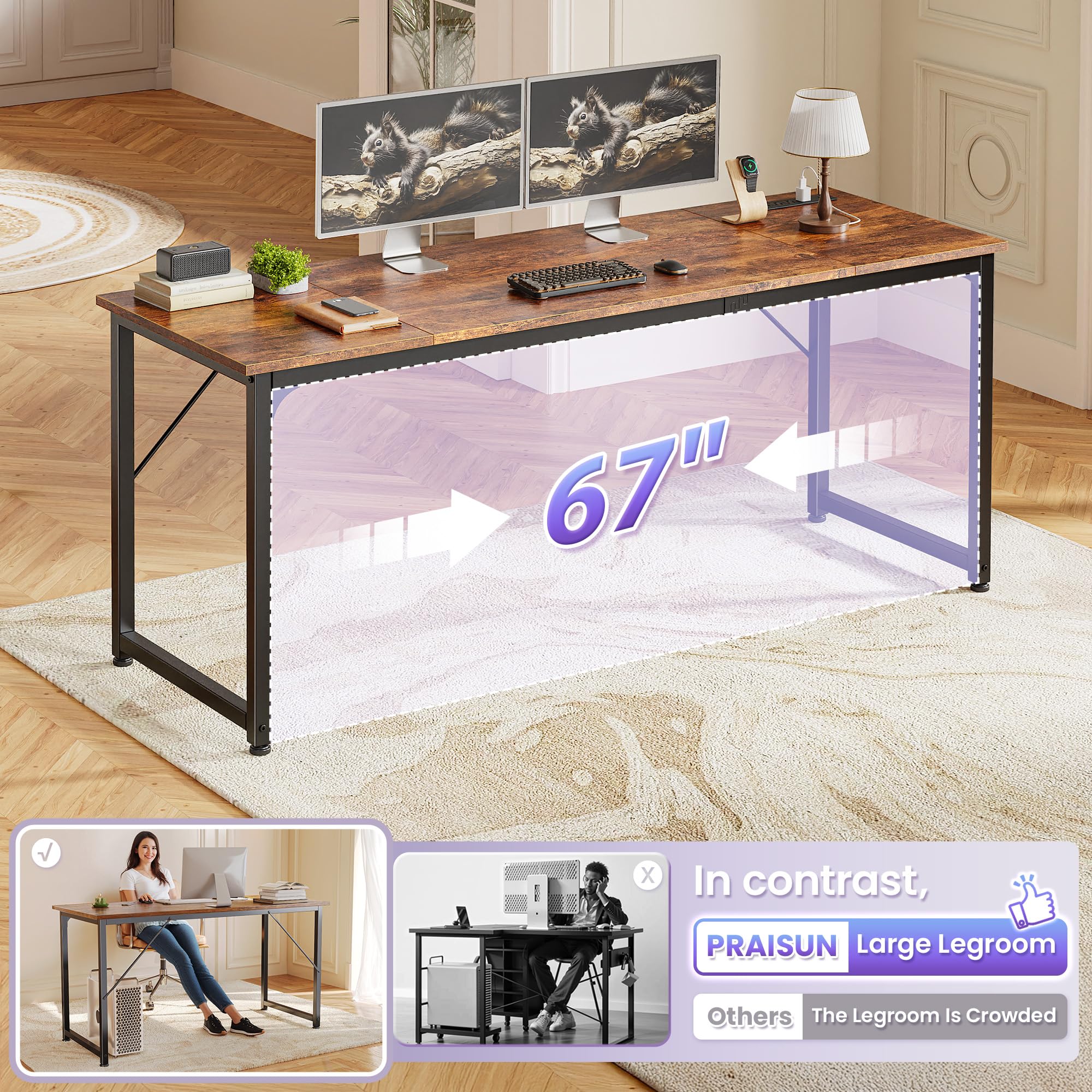 70 X 24 Inch Office Computer Desk with Power Outlets and USB-C Port, Larger and Longer Gaming Desk, for Home Office, Study, Writing Work from Home Table, Metal Frame, Rustic Brown