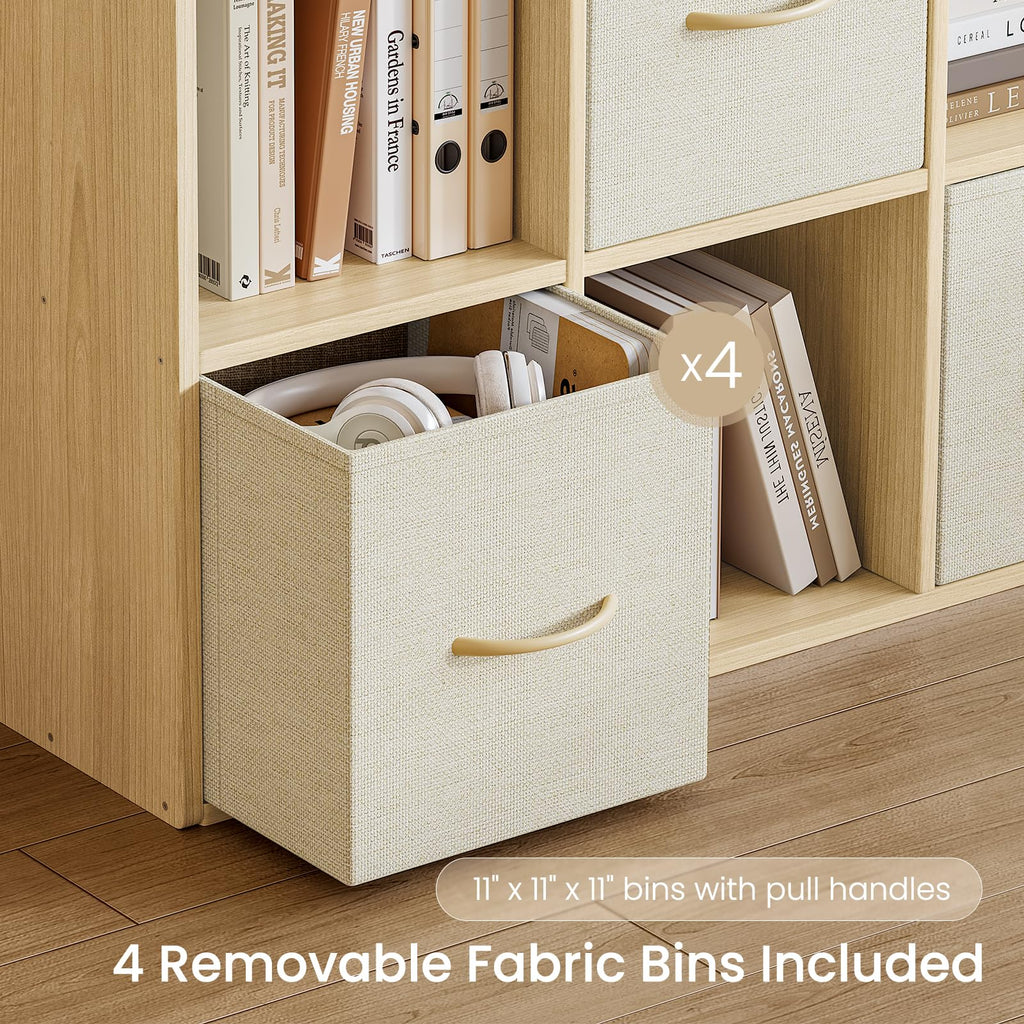 8 Cube Storage Organizer - Solid Wood Bookshelf with 4 Storage Bins, Cube Shelf with 2 Removable Back Panels, Vertical or Horizontal Bookcase, Open Book Shelf for Bedroom, Living Room, Office