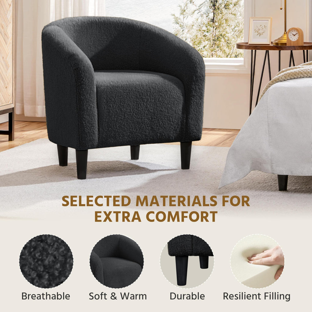 Accent Barrel Chair, Boucle Fabric Club Chair, Furry Sherpa Elegant Armchair with Cozy Soft Padded, Suitable for Living Room Bedroom Reception Room Office, Dark Gray