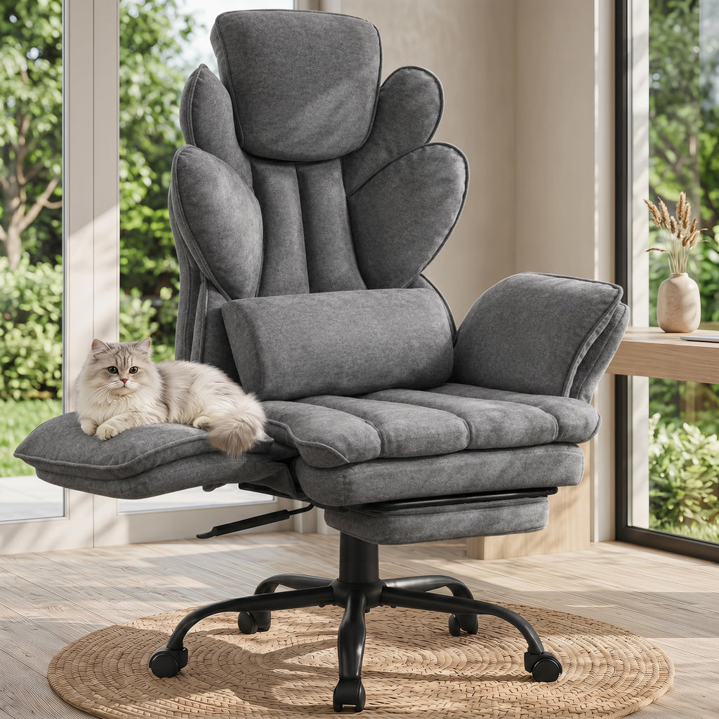 Flip Armrests Criss Cross Office Chair, Reclining Office Chair with Foot Rest, Adjustable Headrest, Massage Waist Pillow, Cross Legged Big and Tall Desk Chair Wide Seat Vanity Chair, Fabric Grey