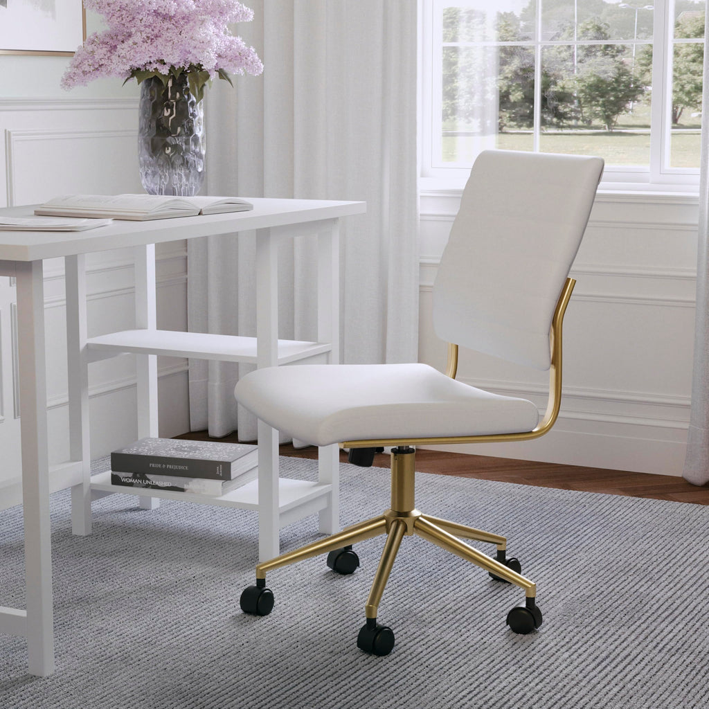 Armless Swivel Task Chair for Home Office in White Faux Leather with Polished Brass Frame