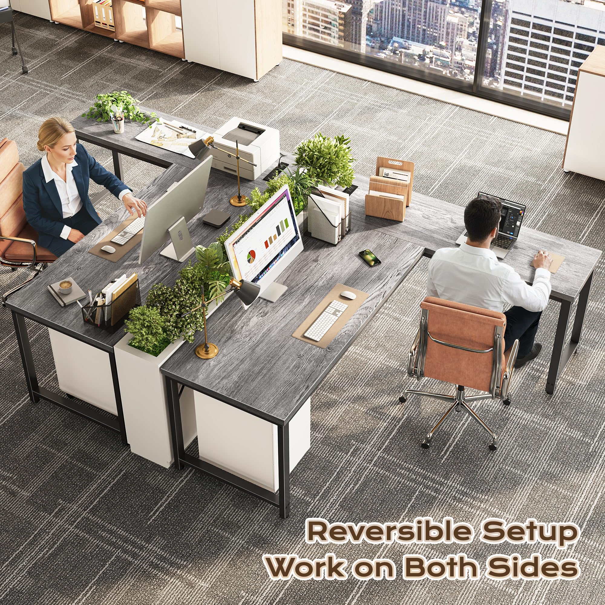 63 Inch L Shaped Desk with Power Outlets and USB-C Port, Reversible Computer Desk, Larger Office Corner Gaming Desk, 0.95 Inch Thicker Desktop, Metal Frame, for Home Office, Study, Grey