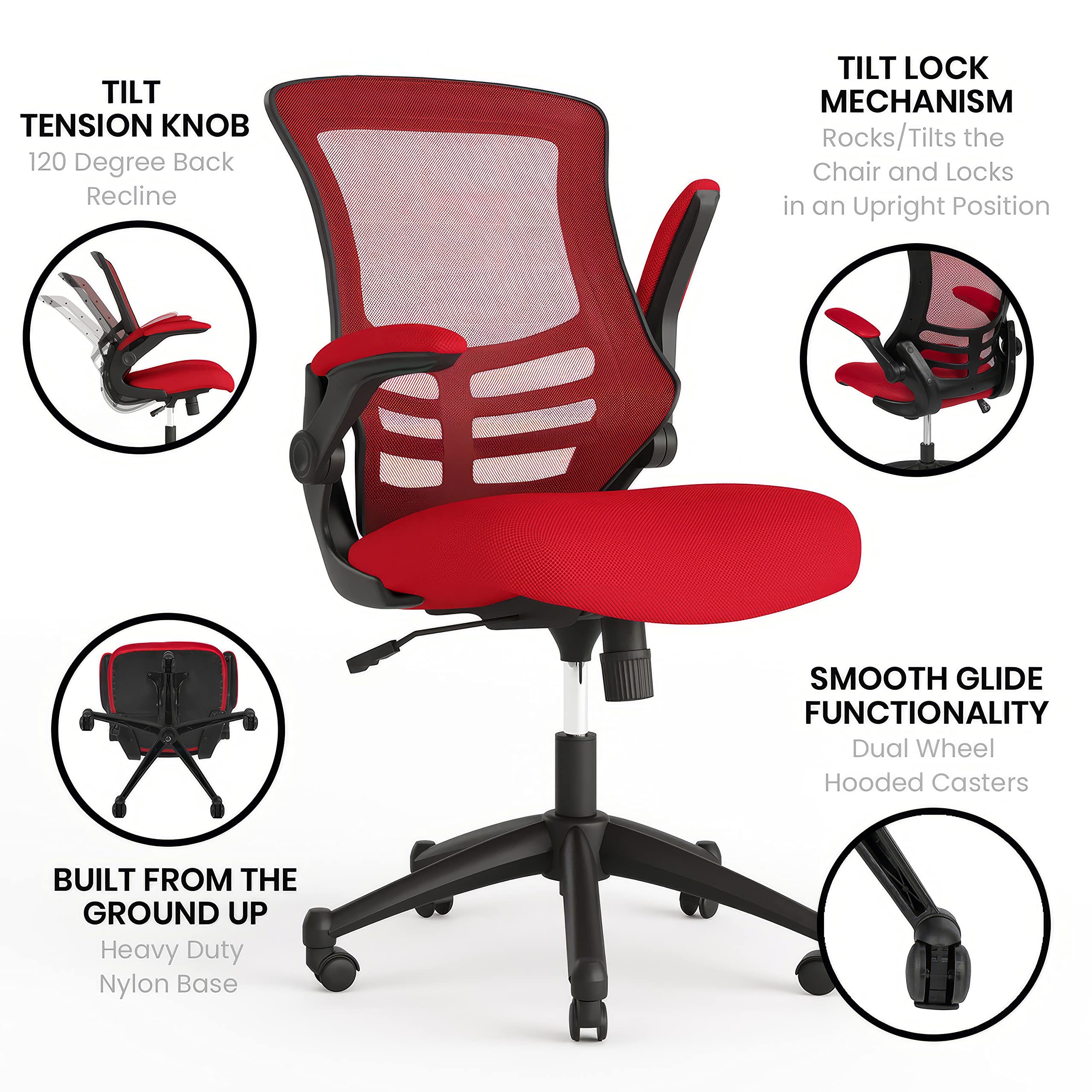 Mid-Back Red Mesh Swivel Ergonomic Task Office Chair with Flip-Up Arms