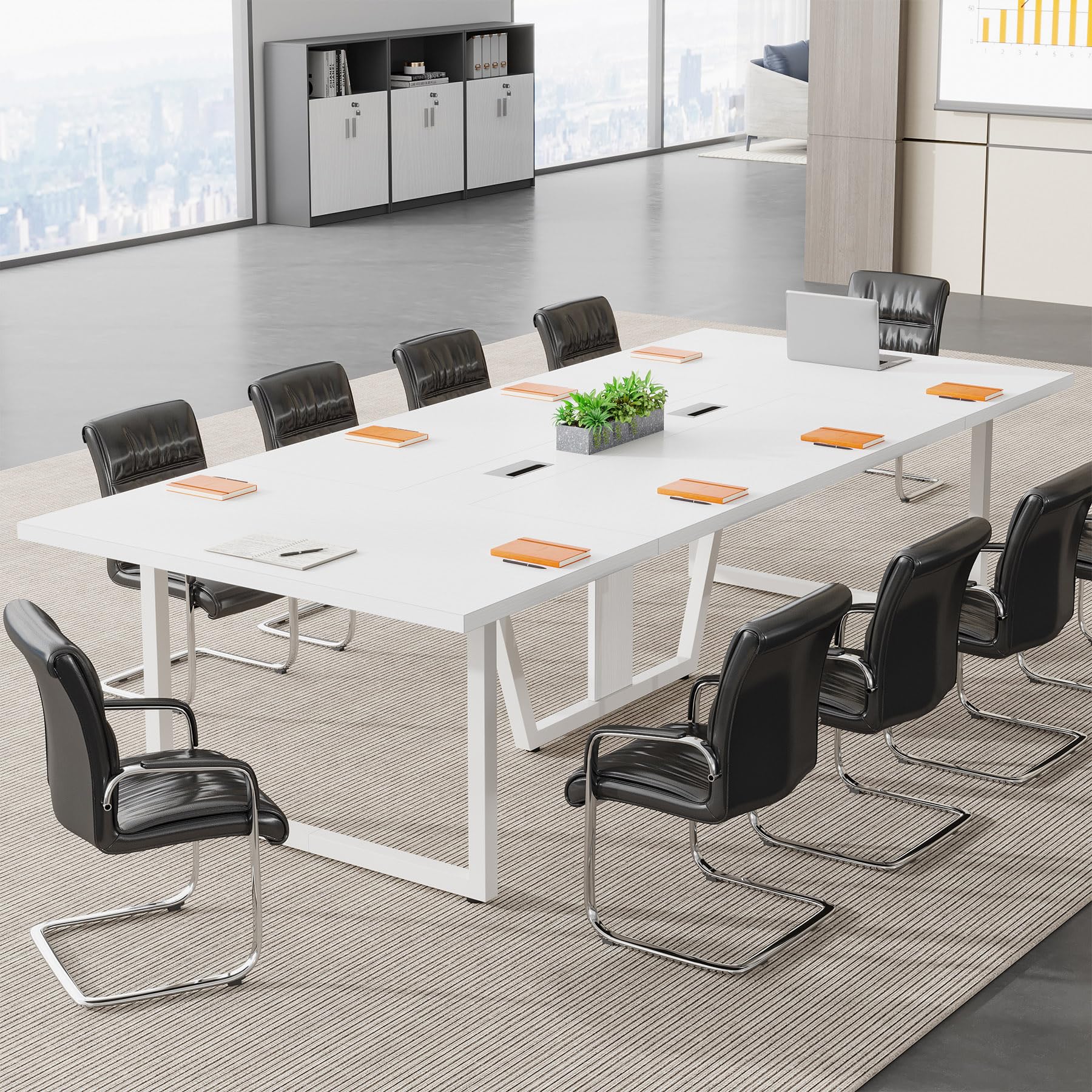 8FT Conference Table, 94.49 L x 47.24 W x 29.53 H Inches Large Meeting Podcast Table for 10 People, Business Style Wooden Training Table with Strong Metal Frame for Office Conference