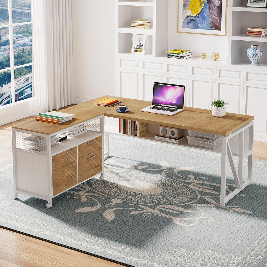 63" Executive Computer Desk and lateral File Cabinet, 2 Piece Home Office Furniture with Drawers for Hanging, Doors with Locks (Light Walnut, 63 inches)