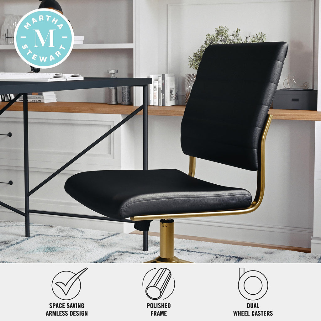 Armless Swivel Task Chair for Home Office in Black Faux Leather with Polished Brass Frame