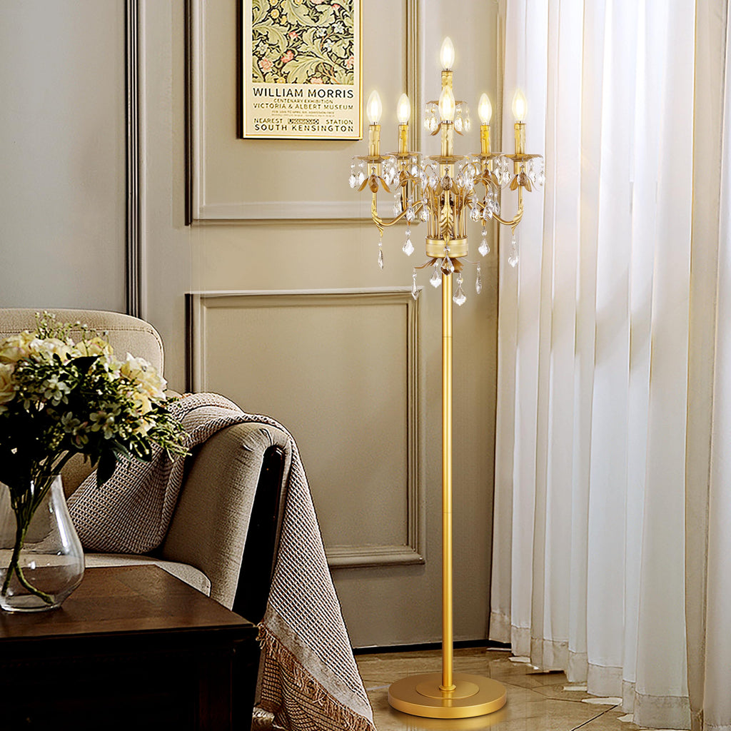 Gold Crystal Floor Lamp, Tall Vintage Standing Living Room Lamp