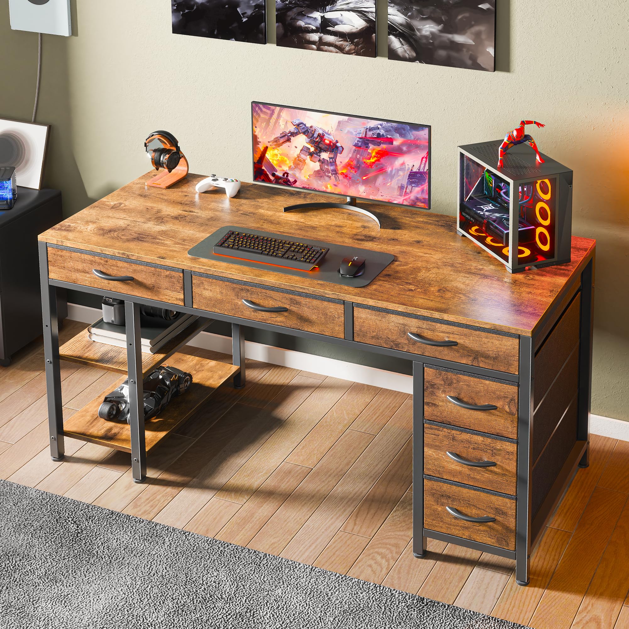 Computer Desk with 6 Drawers, Office Desk with Shelves, Reversible Gaming Desk, Corner Desk with Storage, Work for Home Office, Study, Living Room, 47inch, Rustic Brown