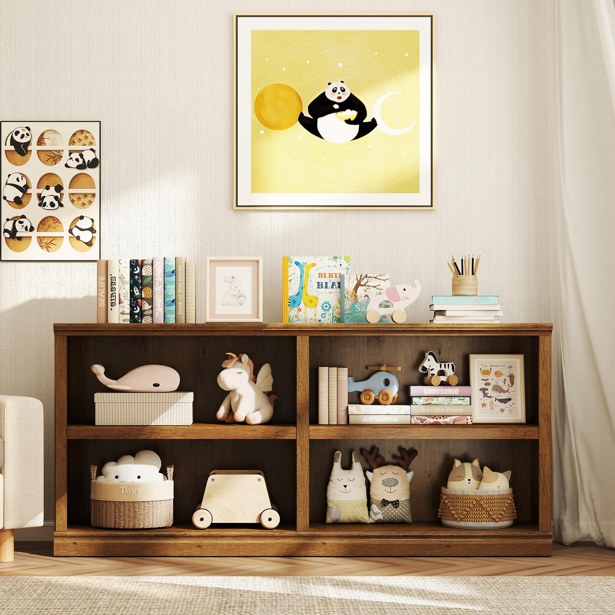 64" W Double Wide Open Shelf Bookcase, 2 Tiers 4 Storage Cube Book Case