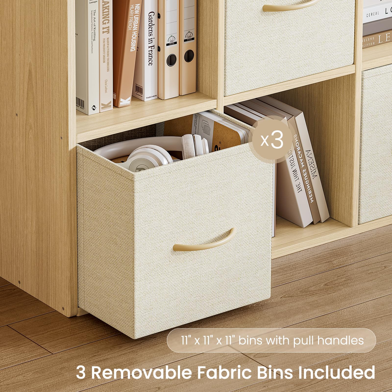 6 Cube Storage Organizer - Solid Wood Bookshelf with 3 Storage Bins, Cube Shelf with 2 Removable Back Panels, Vertical or Horizontal Bookcase, Open Book Shelf for Bedroom, Living Room, Office