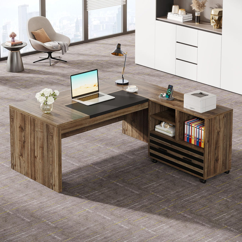 62.2" Executive Desk with Mobile File Cabinet, L-Shaped Office Desk with Storage Shelves, Large Computer Desk Business Workstation Set for Home Office, Light Brown