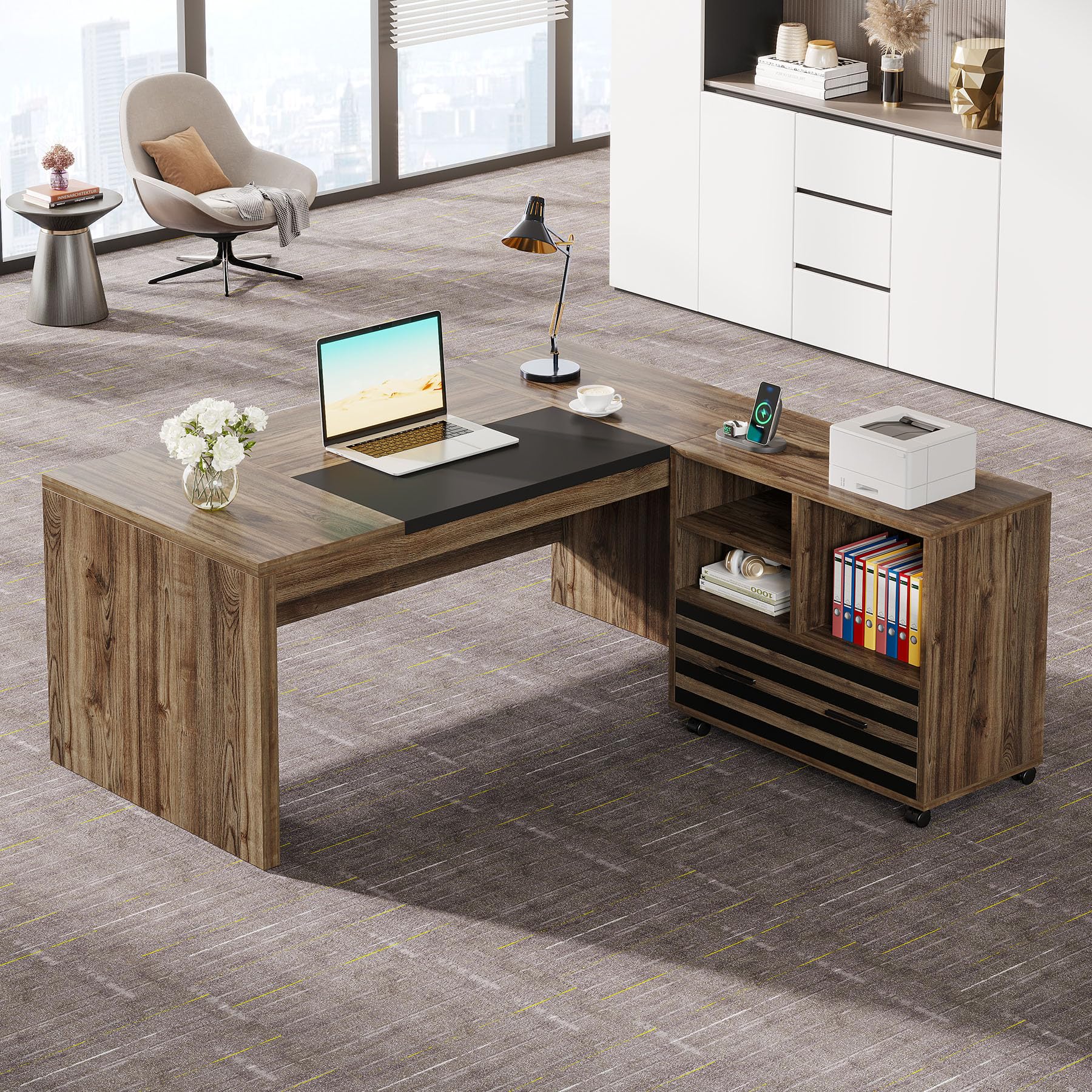 62.2" Executive Desk with Mobile File Cabinet, L-Shaped Office Desk with Storage Shelves, Large Computer Desk Business Workstation Set for Home Office, Light Brown