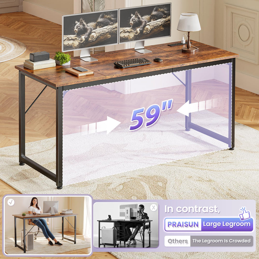 63 X 24 Inch Office Computer Desk with Power Outlets and USB-C Port, Larger and Longer Gaming Desk, for Home Office, Study, Writing Work from Home Table, Metal Frame, White