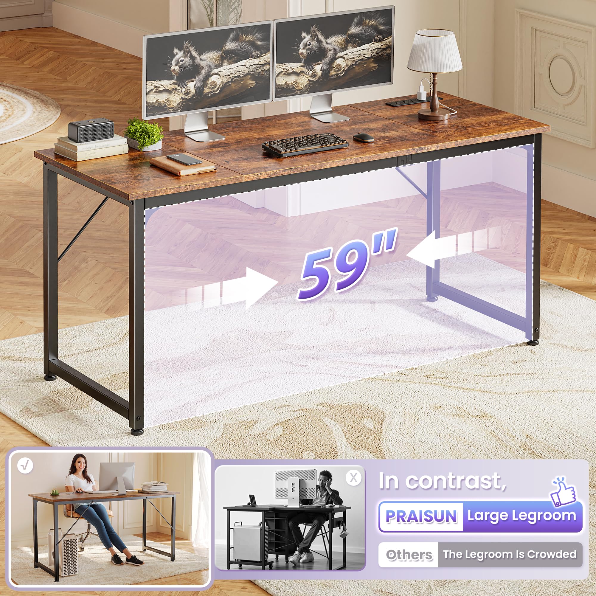 63 X 24 Inch Office Computer Desk with Power Outlets and USB-C Port, Larger and Longer Gaming Desk, for Home Office, Study, Writing Work from Home Table, Metal Frame, White