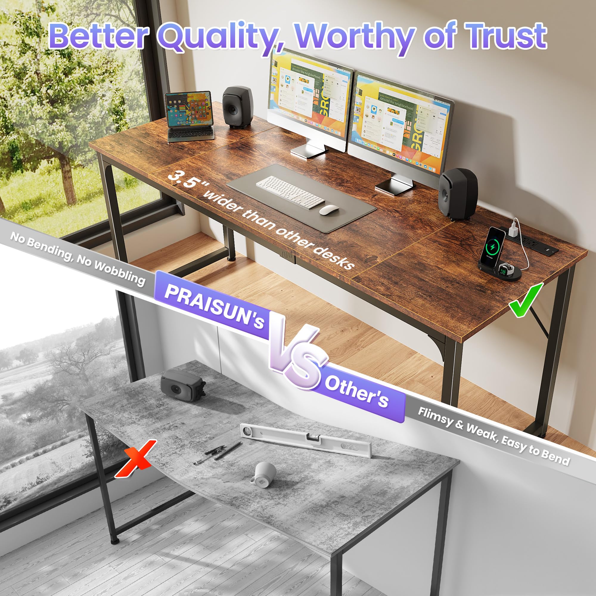 70 X 24 Inch Office Computer Desk with Power Outlets and USB-C Port, Larger and Longer Gaming Desk, for Home Office, Study, Writing Work from Home Table, Metal Frame, Rustic Brown