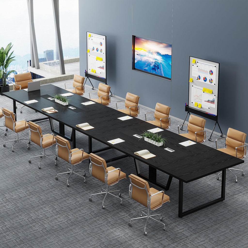 8FT Conference Table Set of 2, Large Meeting Podcast Table for 10 People, Business Style Wooden Training Table with Strong Metal Frame for Office Conference