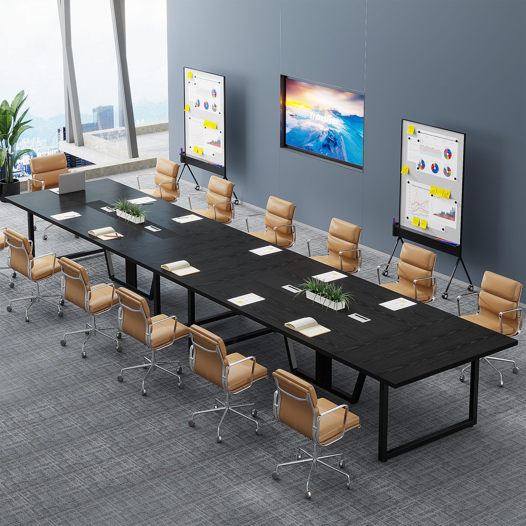 8FT Conference Table Set of 2, Large Meeting Podcast Table for 10 People, Business Style Wooden Training Table with Strong Metal Frame for Office Conference