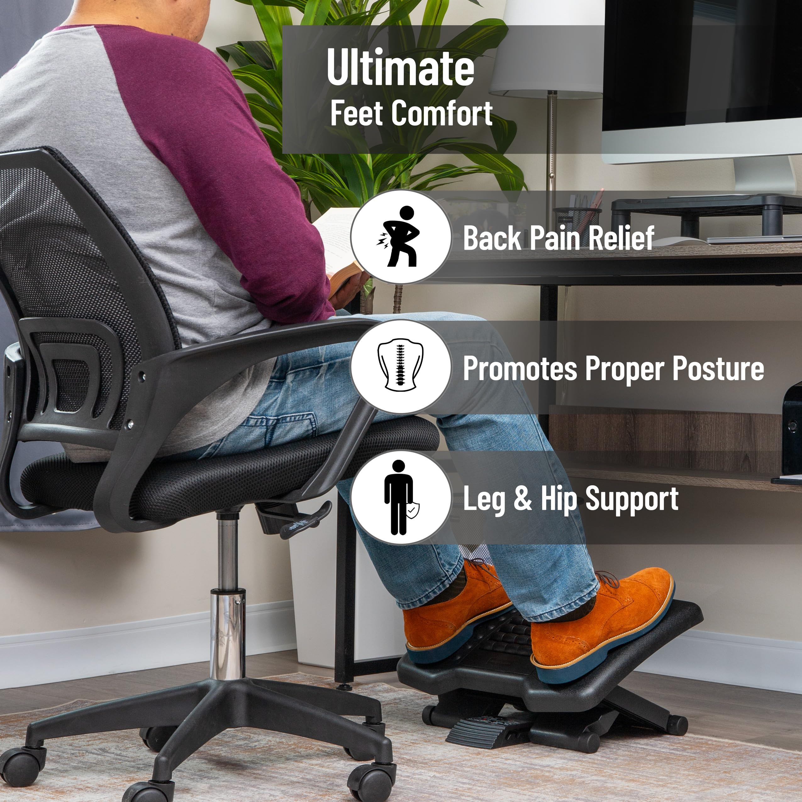 Adjustable Height Ergonomic Foot Rest with Massage Rollers, Black