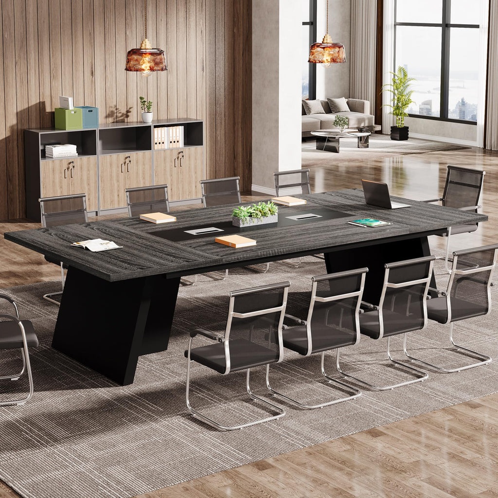 8ft Conference Table, Large Meeting Table for 8-10 People, Business Seminar Furniture for Office Conference Room (1, Grey + Black)