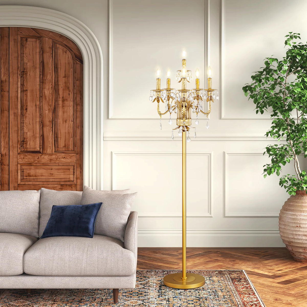 Gold Crystal Floor Lamp, Tall Vintage Standing Living Room Lamp