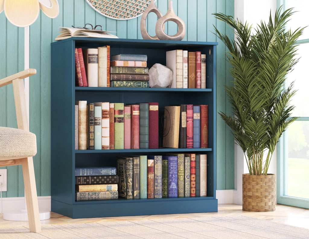 Palace Imports Solid Wood Bookcase - 3 Tier Floor Standing Bookshelf - 36" Short Storage Shelf, 32” W - Teal Blue, Display Furniture for Room, Renewable 100% Eco-Friendly Wood, Made in Brazil