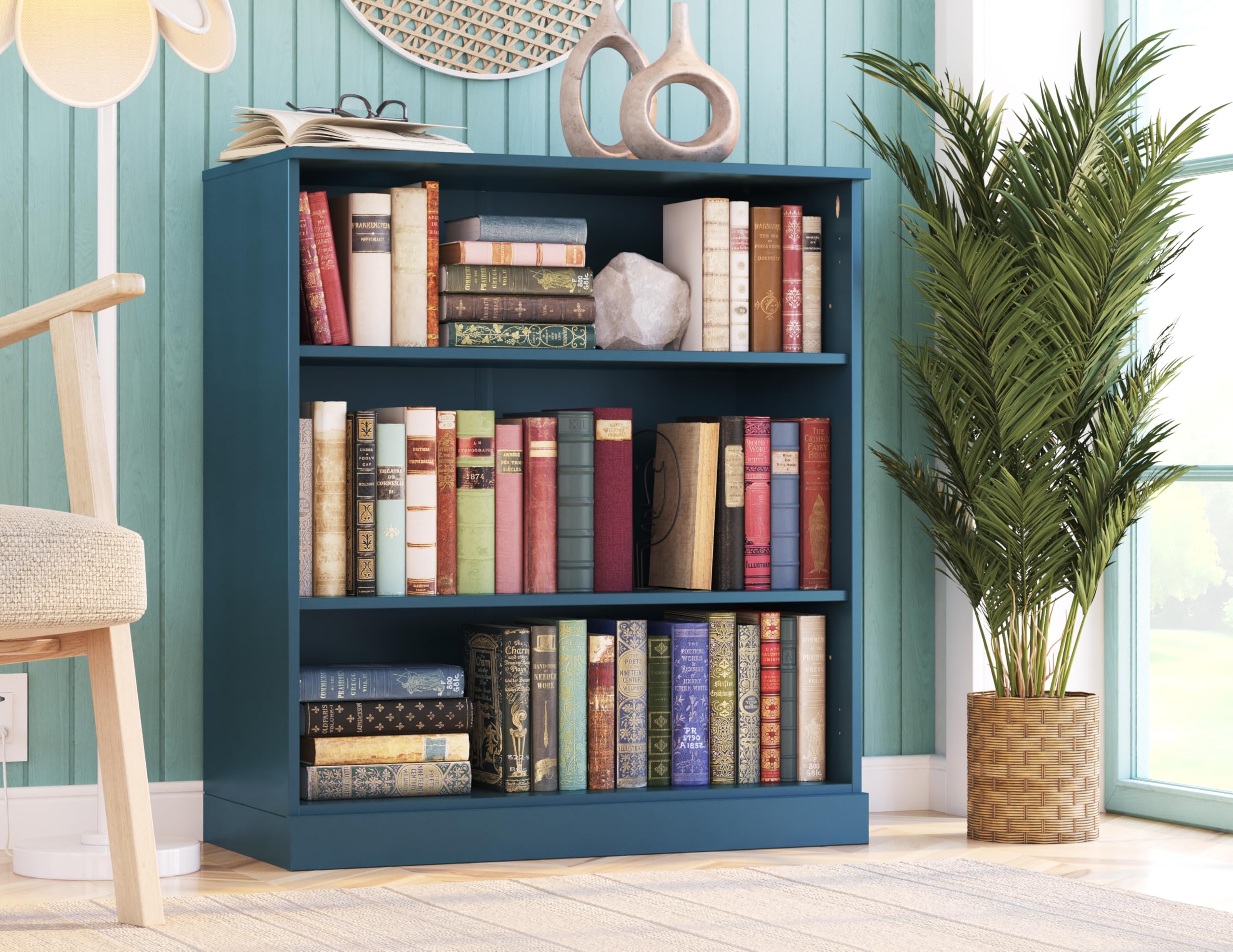 Palace Imports Solid Wood Bookcase - 3 Tier Floor Standing Bookshelf - 36" Short Storage Shelf, 32” W - Teal Blue, Display Furniture for Room, Renewable 100% Eco-Friendly Wood, Made in Brazil